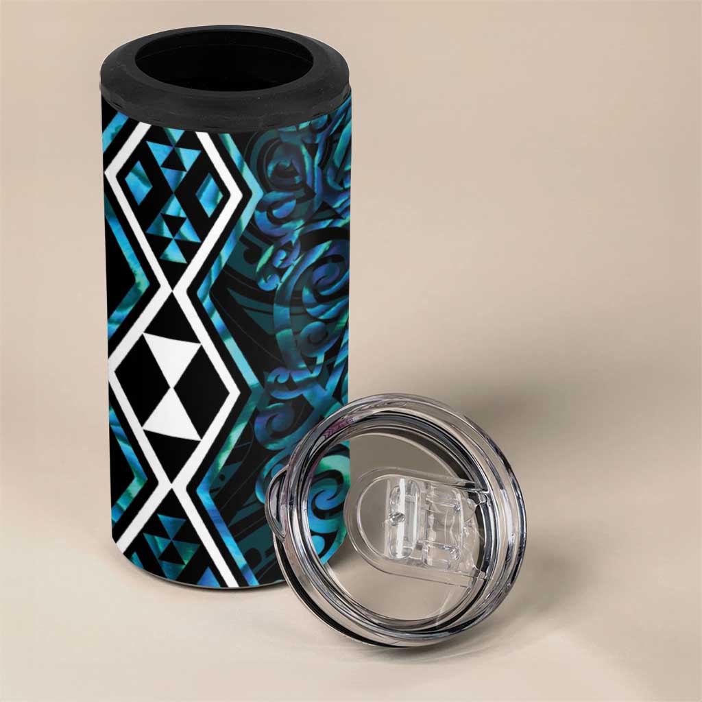 Turquoise Aotearoa 4 in 1 Can Cooler Tumbler Taniko Motifs With Paua Shell Kowhaiwhai LT14 - Polynesian Pride