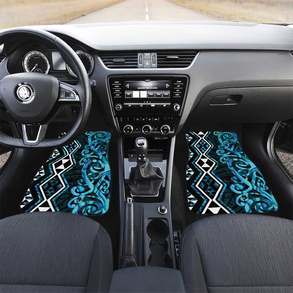 Turquoise Aotearoa Car Mats Taniko Motifs With Paua Shell Kowhaiwhai LT14 Set 2pcs - Front Turquoise - Polynesian Pride
