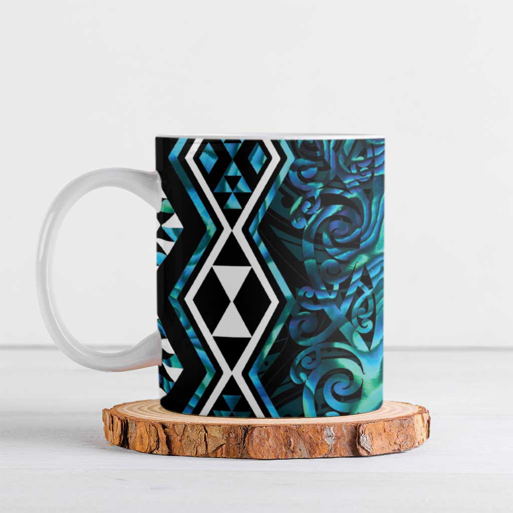 Turquoise Aotearoa Ceramic Mug Taniko Motifs With Paua Shell Kowhaiwhai - Polynesian Pride