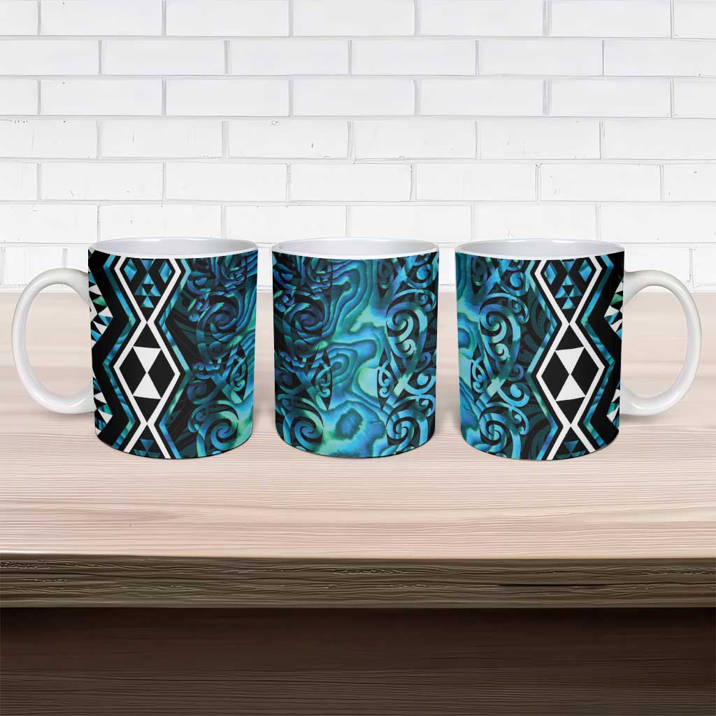 Turquoise Aotearoa Ceramic Mug Taniko Motifs With Paua Shell Kowhaiwhai - Polynesian Pride