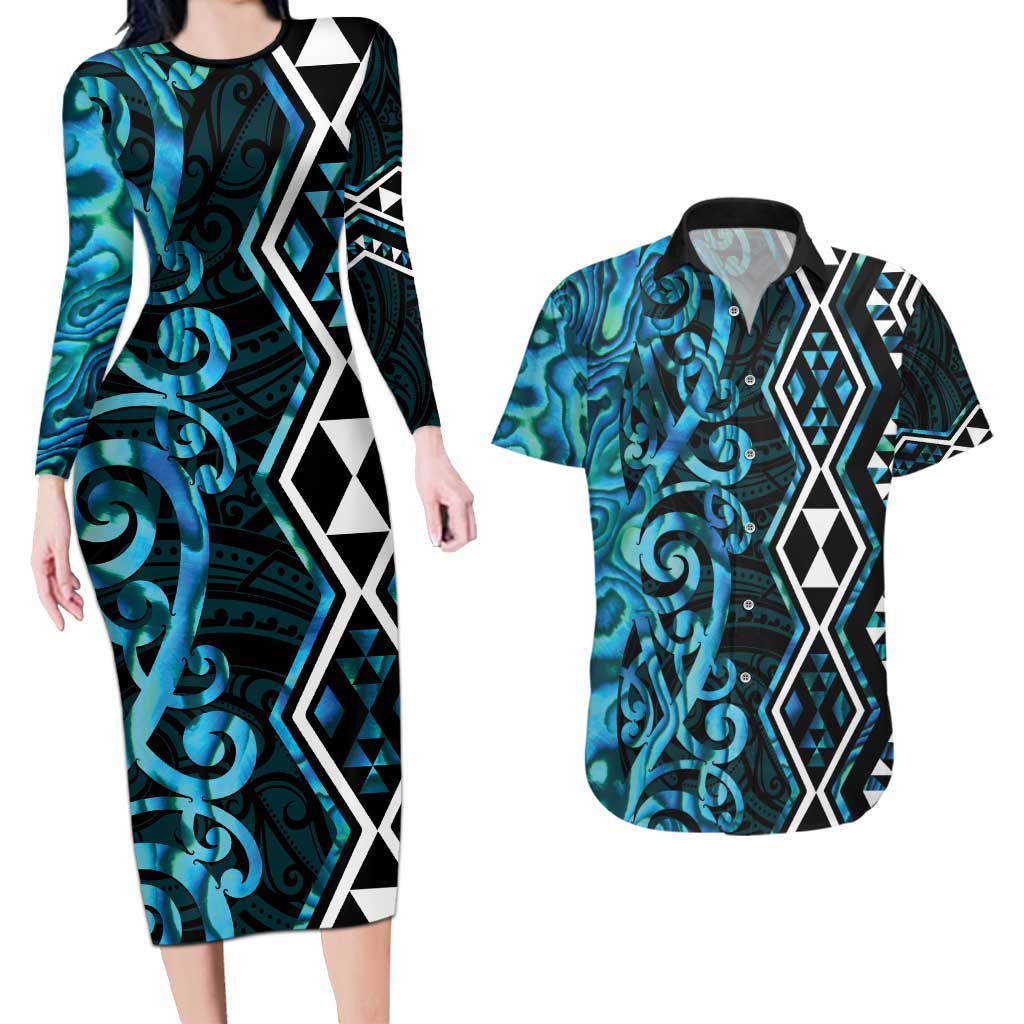 Turquoise Aotearoa Couples Matching Long Sleeve Bodycon Dress and Hawaiian Shirt Taniko Motifs With Paua Shell Kowhaiwhai