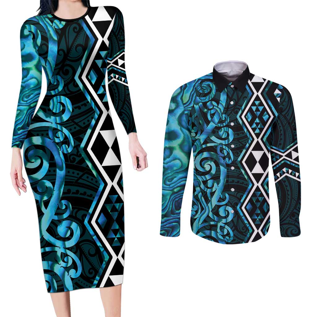 Turquoise Aotearoa Couples Matching Long Sleeve Bodycon Dress and Long Sleeve Button Shirt Taniko Motifs With Paua Shell Kowhaiwhai