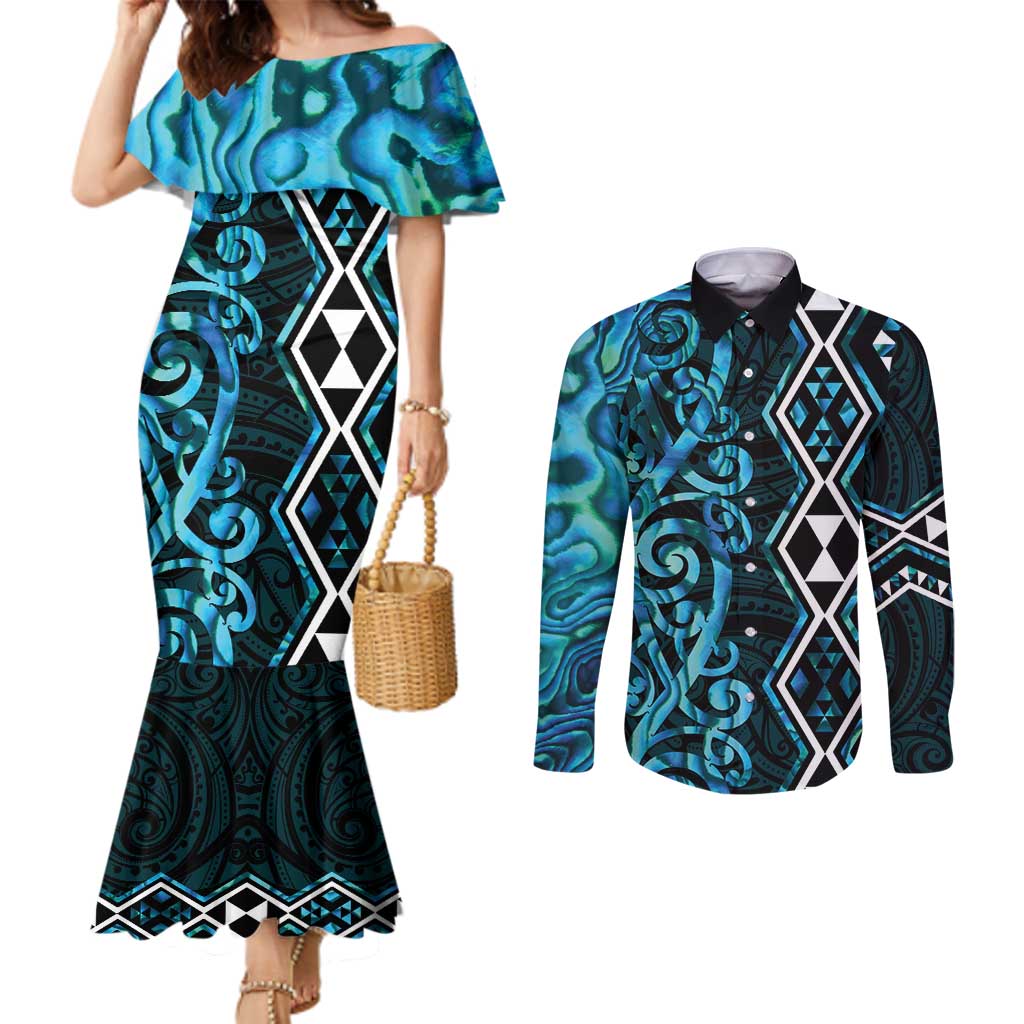 Turquoise Aotearoa Couples Matching Mermaid Dress and Long Sleeve Button Shirt Taniko Motifs With Paua Shell Kowhaiwhai