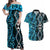 Turquoise Aotearoa Couples Matching Off Shoulder Maxi Dress and Hawaiian Shirt Taniko Motifs With Paua Shell Kowhaiwhai