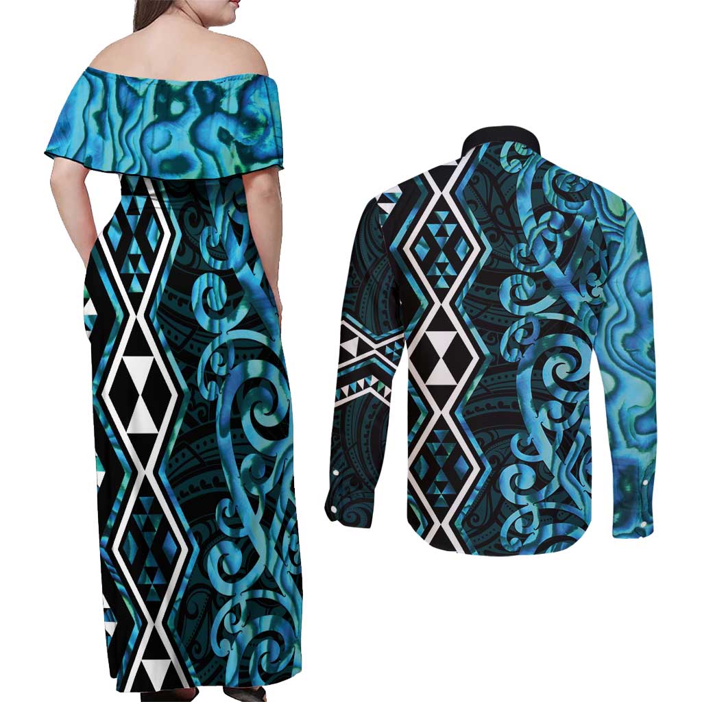 Turquoise Aotearoa Couples Matching Off Shoulder Maxi Dress and Long Sleeve Button Shirt Taniko Motifs With Paua Shell Kowhaiwhai