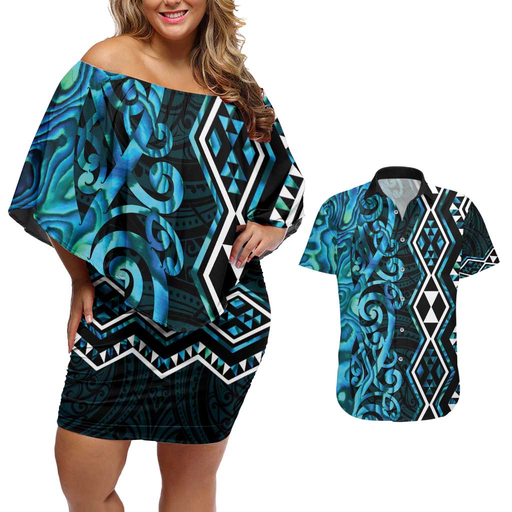 Turquoise Aotearoa Couples Matching Off Shoulder Short Dress and Hawaiian Shirt Taniko Motifs With Paua Shell Kowhaiwhai