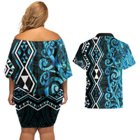 Turquoise Aotearoa Couples Matching Off Shoulder Short Dress and Hawaiian Shirt Taniko Motifs With Paua Shell Kowhaiwhai