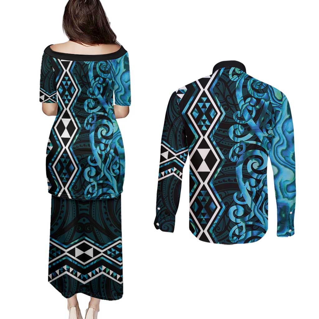 Turquoise Aotearoa Couples Matching Puletasi and Long Sleeve Button Shirt Taniko Motifs With Paua Shell Kowhaiwhai
