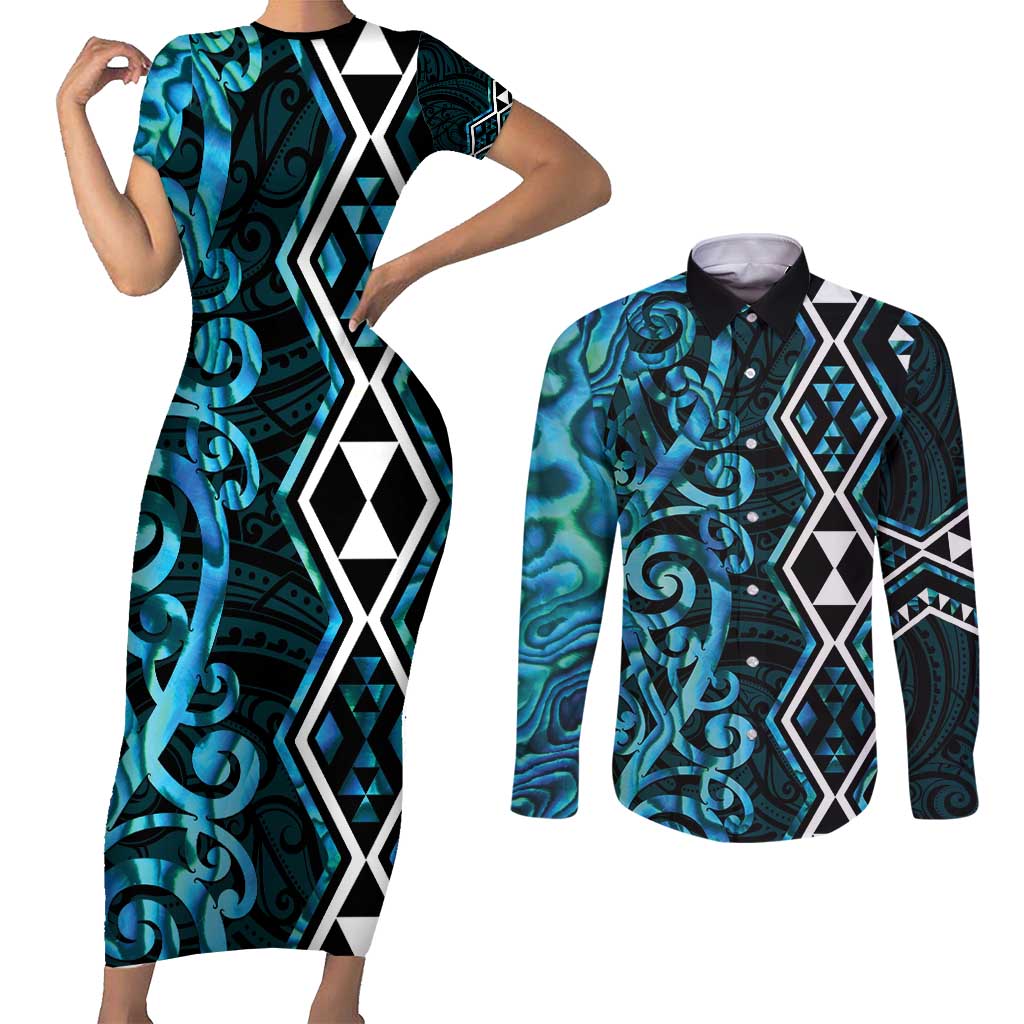 Turquoise Aotearoa Couples Matching Short Sleeve Bodycon Dress and Long Sleeve Button Shirt Taniko Motifs With Paua Shell Kowhaiwhai