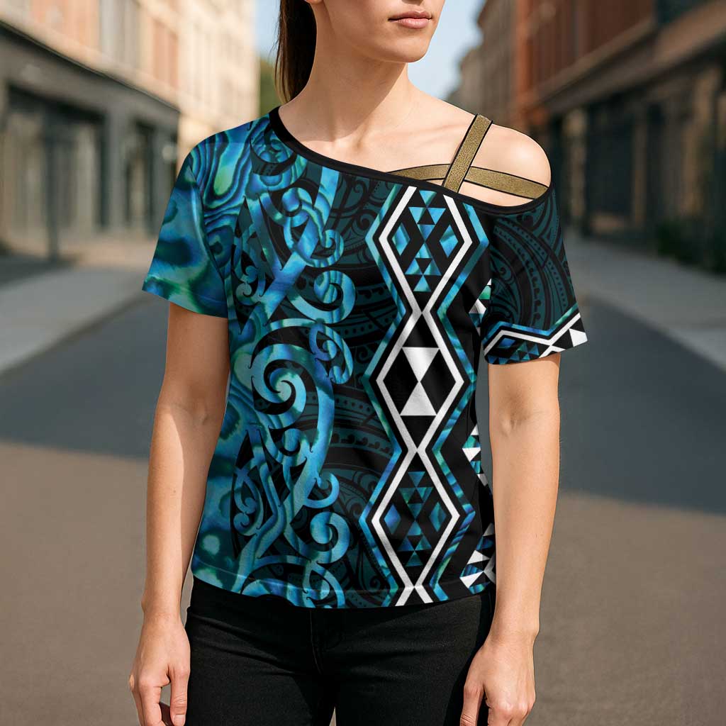 Turquoise Aotearoa Cross Shoulder Shirt Taniko Motifs With Paua Shell Kowhaiwhai - Polynesian Pride