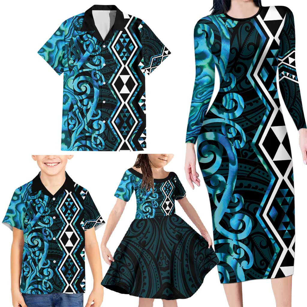 Turquoise Aotearoa Family Matching Long Sleeve Bodycon Dress and Hawaiian Shirt Taniko Motifs With Paua Shell Kowhaiwhai