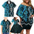 Turquoise Aotearoa Family Matching Off Shoulder Short Dress and Hawaiian Shirt Taniko Motifs With Paua Shell Kowhaiwhai