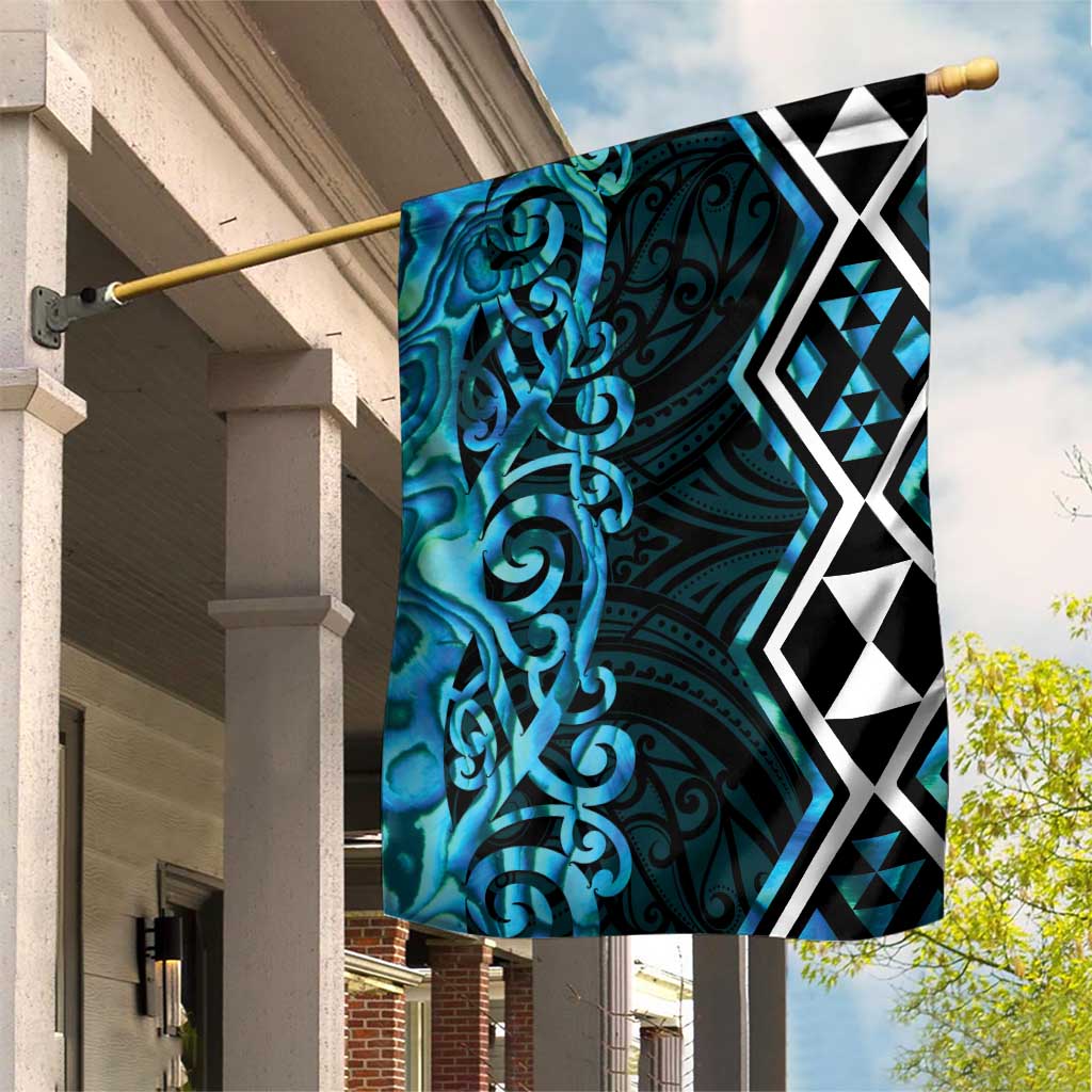 Turquoise Aotearoa Garden Flag Taniko Motifs With Paua Shell Kowhaiwhai