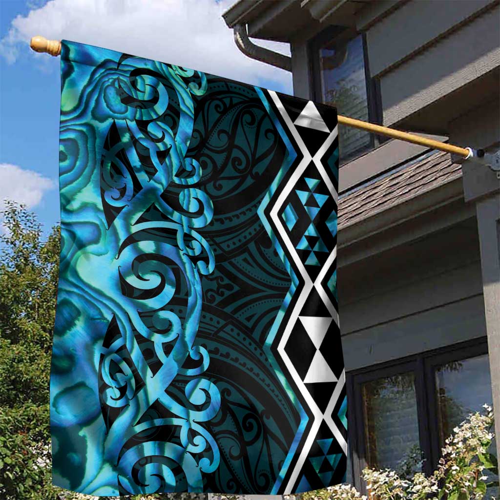 Turquoise Aotearoa Garden Flag Taniko Motifs With Paua Shell Kowhaiwhai LT14 - Polynesian Pride