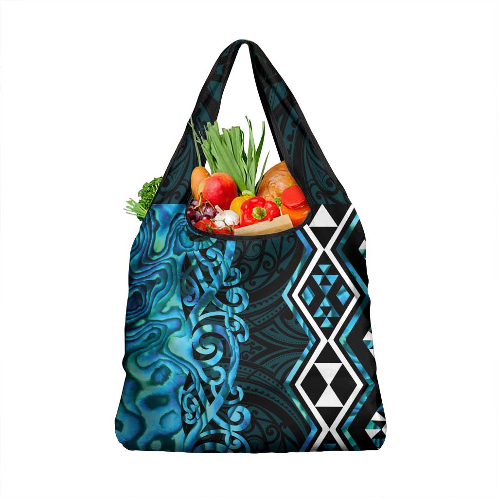 Turquoise Aotearoa Grocery Bag Taniko Motifs With Paua Shell Kowhaiwhai