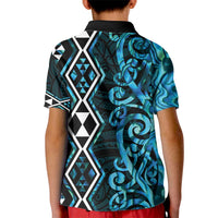 Turquoise Aotearoa Kid Polo Shirt Taniko Motifs With Paua Shell Kowhaiwhai