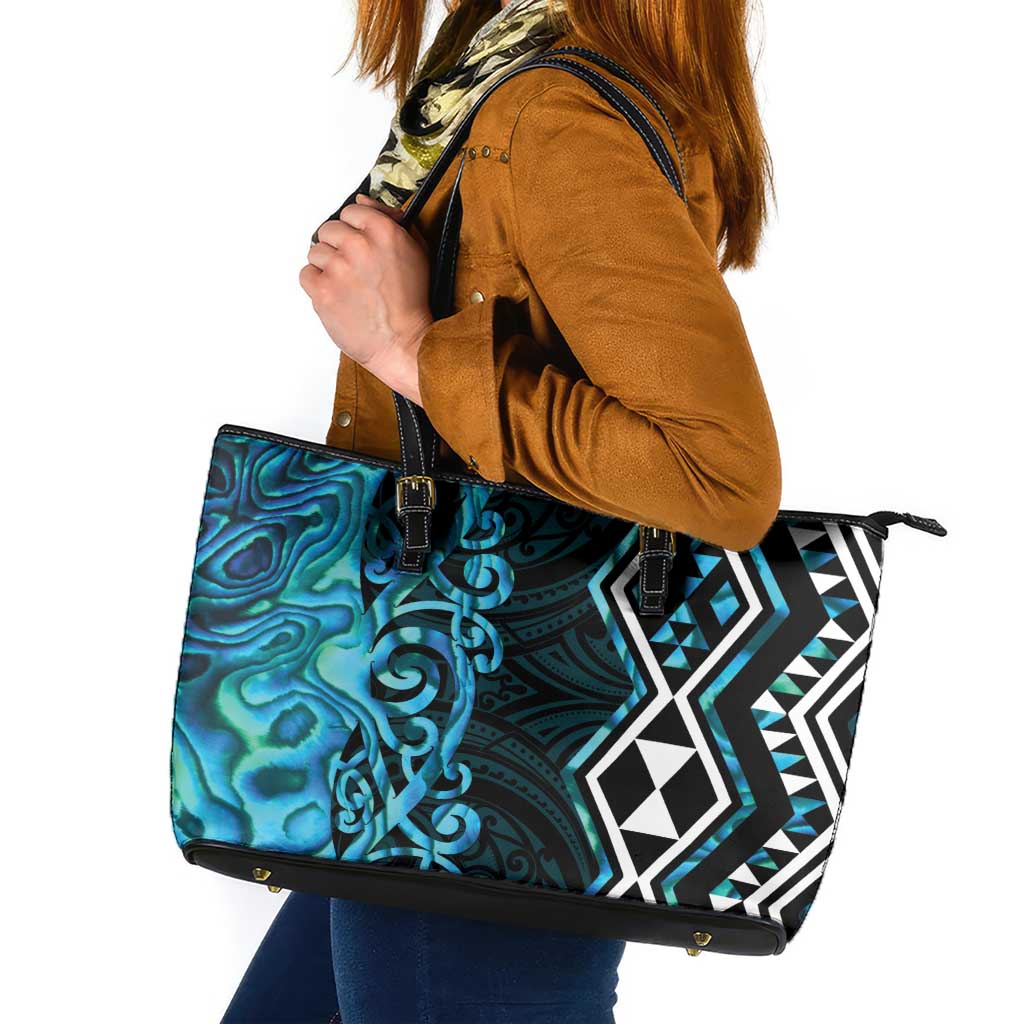 Turquoise Aotearoa Leather Tote Bag Taniko Motifs With Paua Shell Kowhaiwhai LT14 Turquoise - Polynesian Pride