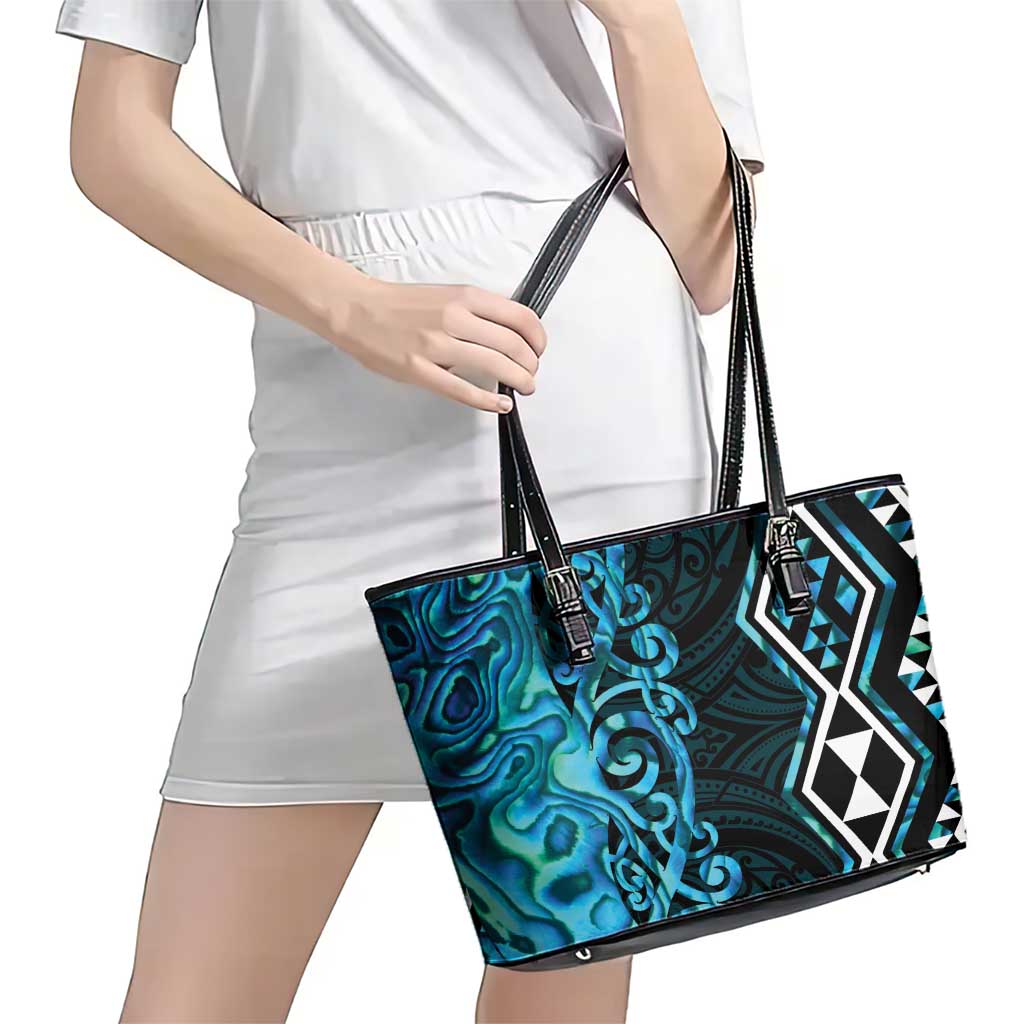 Turquoise Aotearoa Leather Tote Bag Taniko Motifs With Paua Shell Kowhaiwhai LT14 - Polynesian Pride