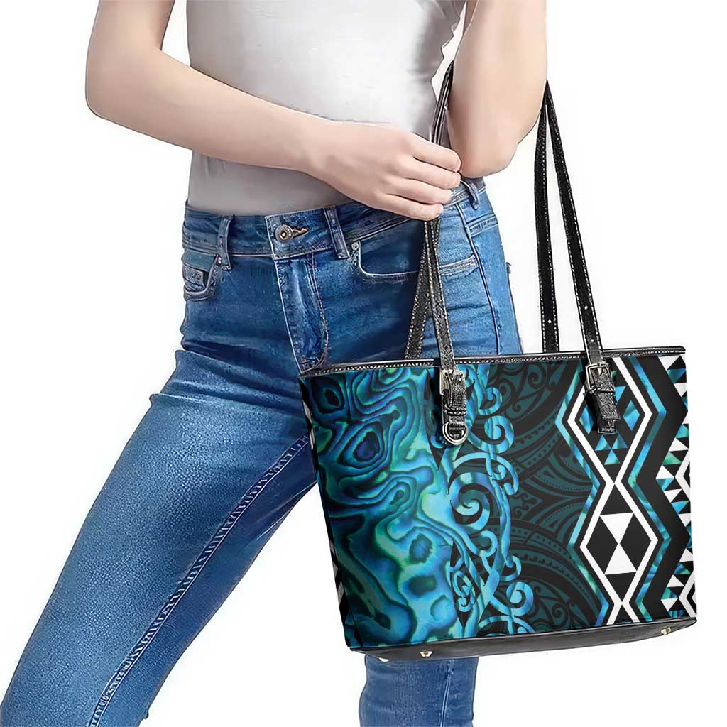 Turquoise Aotearoa Leather Tote Bag Taniko Motifs With Paua Shell Kowhaiwhai LT14 - Polynesian Pride