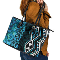 Turquoise Aotearoa Leather Tote Bag Taniko Motifs With Paua Shell Kowhaiwhai LT14 - Polynesian Pride