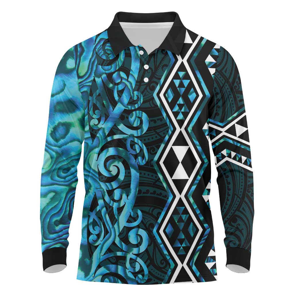 Turquoise Aotearoa Long Sleeve Polo Shirt Taniko Motifs With Paua Shell Kowhaiwhai