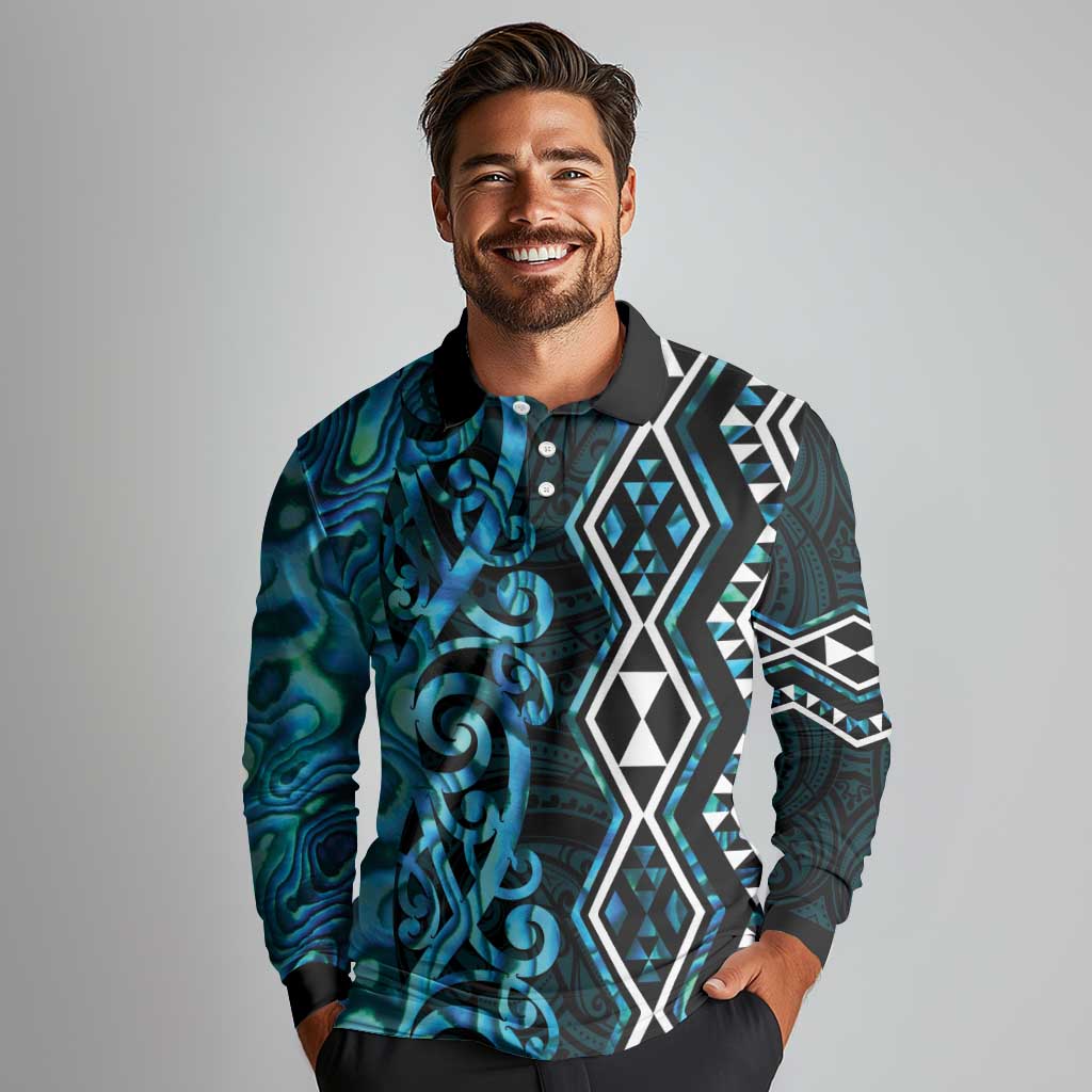 Turquoise Aotearoa Long Sleeve Polo Shirt Taniko Motifs With Paua Shell Kowhaiwhai