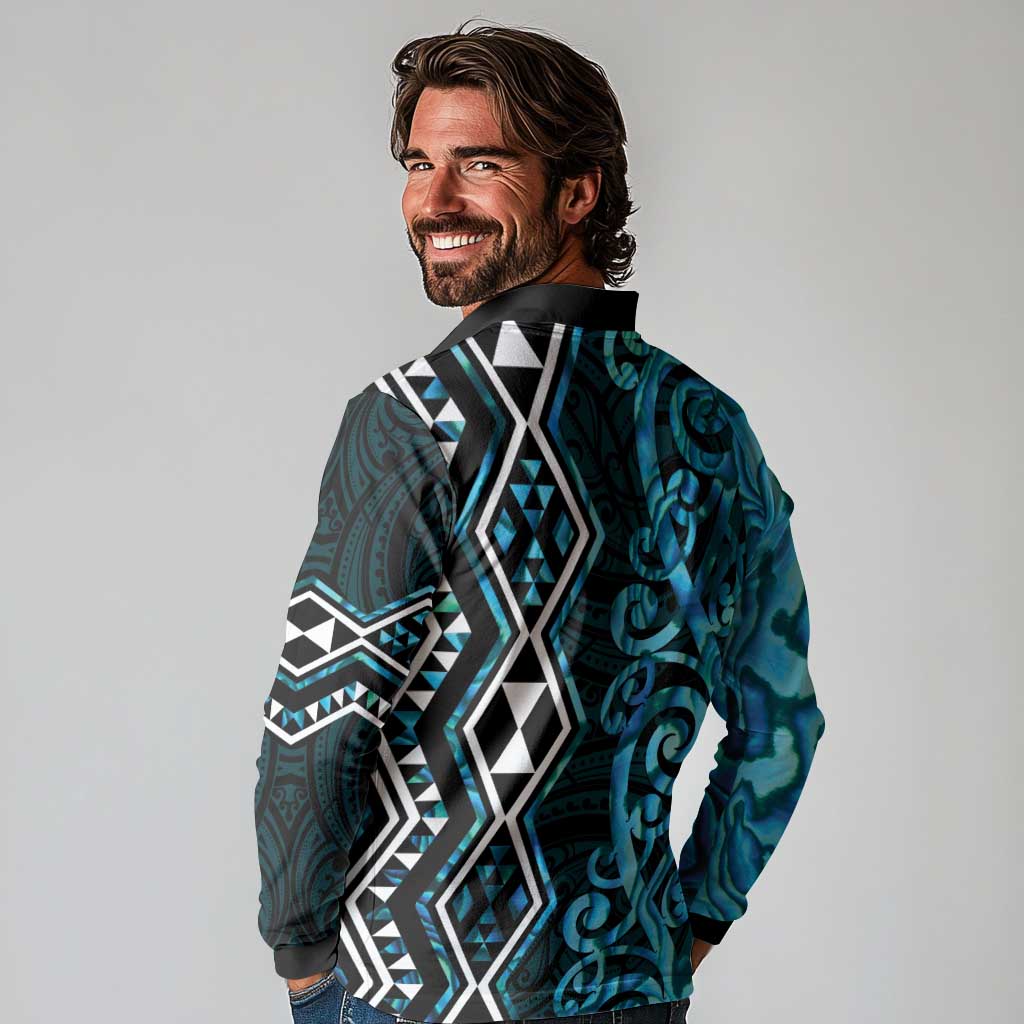 Turquoise Aotearoa Long Sleeve Polo Shirt Taniko Motifs With Paua Shell Kowhaiwhai