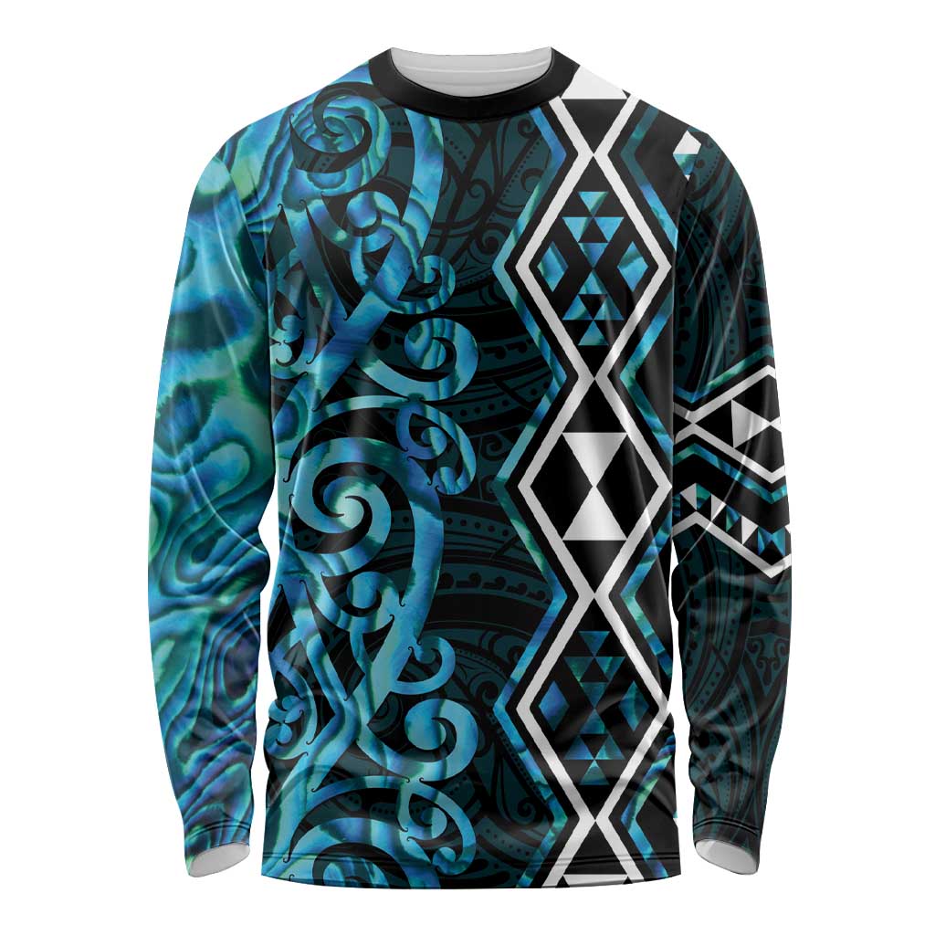 Turquoise Aotearoa Long Sleeve Shirt Taniko Motifs With Paua Shell Kowhaiwhai
