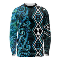 Turquoise Aotearoa Long Sleeve Shirt Taniko Motifs With Paua Shell Kowhaiwhai
