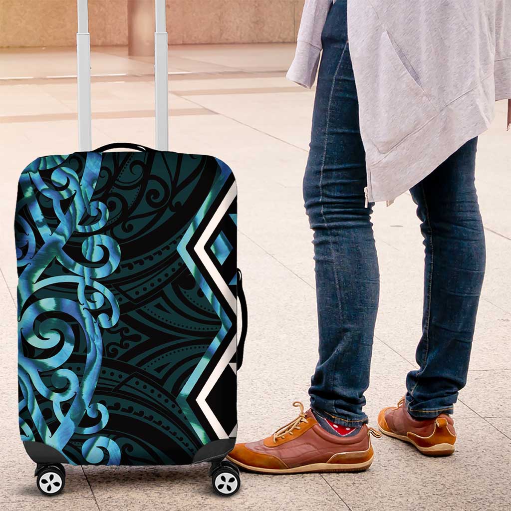 Turquoise Aotearoa Luggage Cover Taniko Motifs With Paua Shell Kowhaiwhai