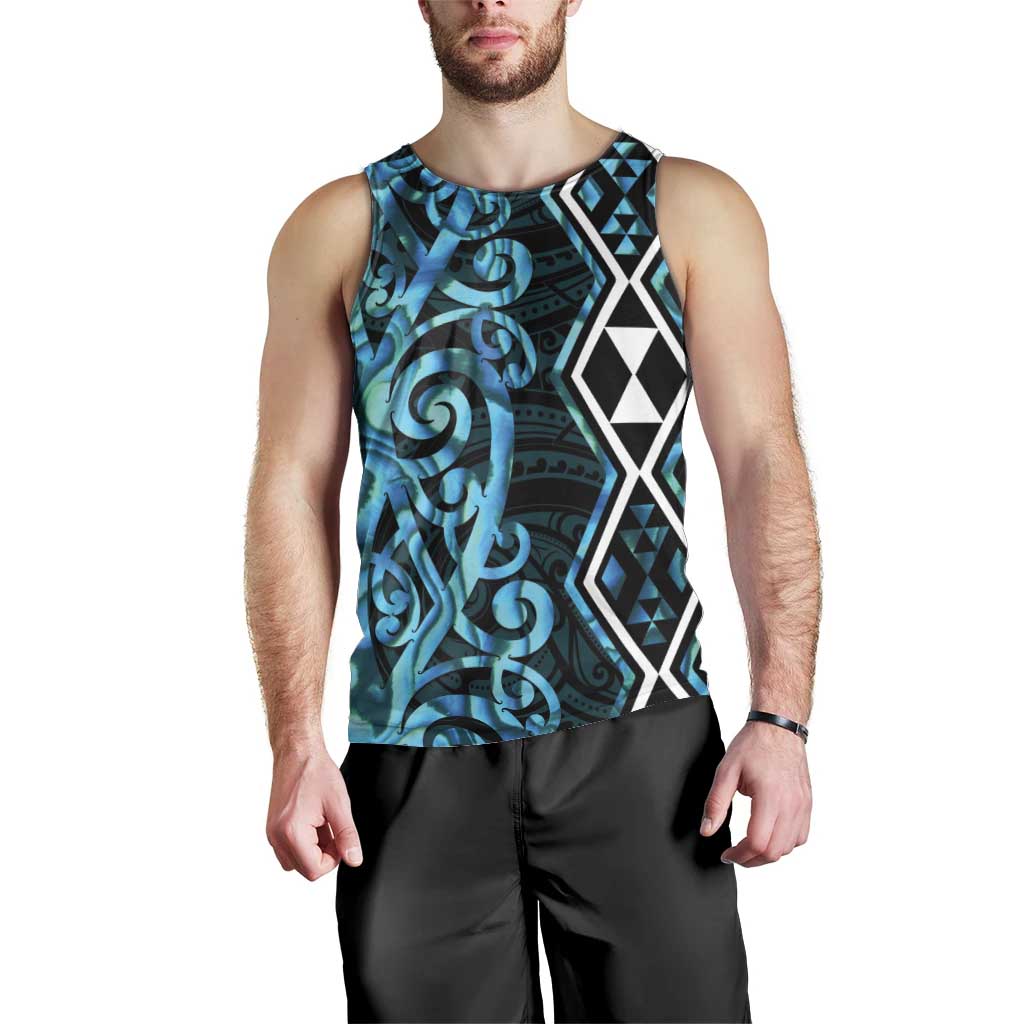 Turquoise Aotearoa Men Tank Top Taniko Motifs With Paua Shell Kowhaiwhai LT14 - Polynesian Pride