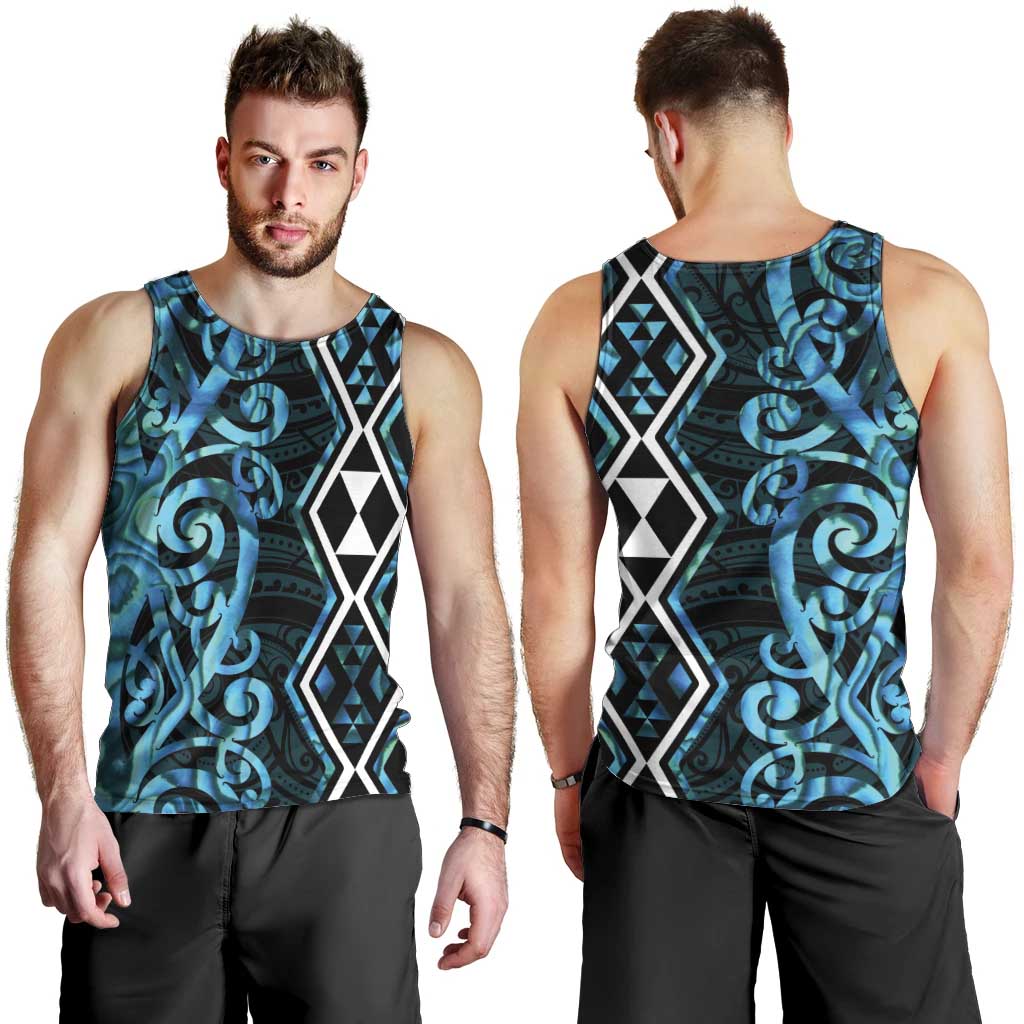 Turquoise Aotearoa Men Tank Top Taniko Motifs With Paua Shell Kowhaiwhai LT14 - Polynesian Pride