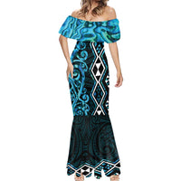Turquoise Aotearoa Mermaid Dress Taniko Motifs With Paua Shell Kowhaiwhai