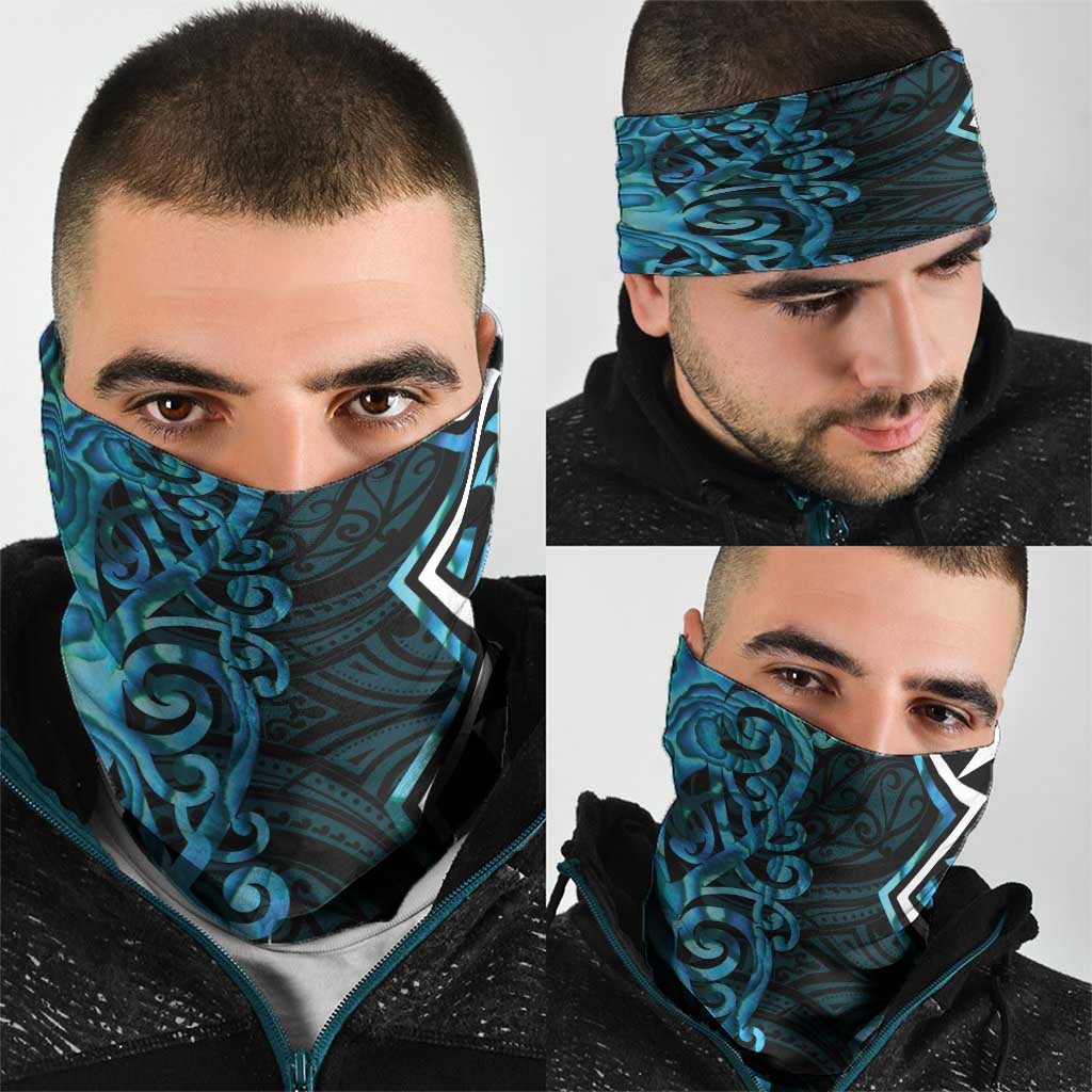 Turquoise Aotearoa Neck Gaiter Taniko Motifs With Paua Shell Kowhaiwhai - Polynesian Pride