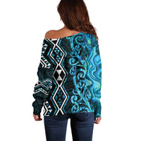 Turquoise Aotearoa Off Shoulder Sweater Taniko Motifs With Paua Shell Kowhaiwhai