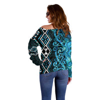 Turquoise Aotearoa Off Shoulder Sweater Taniko Motifs With Paua Shell Kowhaiwhai