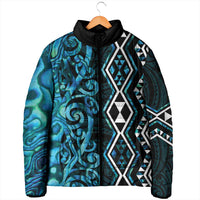Turquoise Aotearoa Padded Jacket Taniko Motifs With Paua Shell Kowhaiwhai - Polynesian Pride
