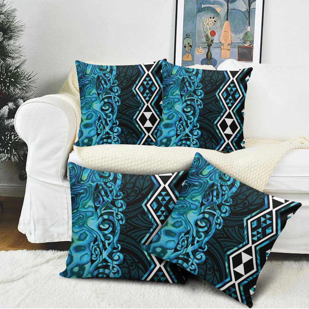 Turquoise Aotearoa Pillow Cover Taniko Motifs With Paua Shell Kowhaiwhai - Polynesian Pride