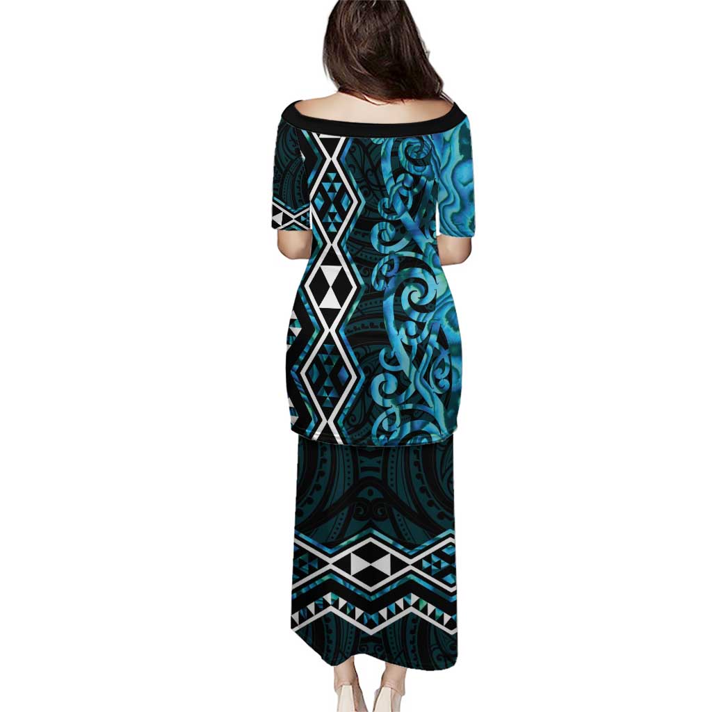 Turquoise Aotearoa Puletasi Taniko Motifs With Paua Shell Kowhaiwhai LT14 - Polynesian Pride