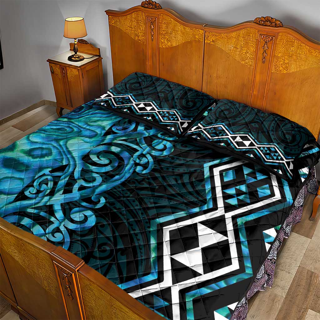 Turquoise Aotearoa Quilt Bed Set Taniko Motifs With Paua Shell Kowhaiwhai LT14 - Polynesian Pride