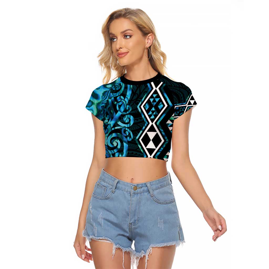 Turquoise Aotearoa Raglan Cropped T Shirt Taniko Motifs With Paua Shell Kowhaiwhai LT14 Female Turquoise - Polynesian Pride