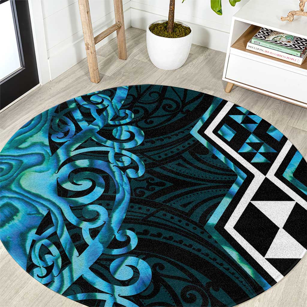 Turquoise Aotearoa Round Carpet Taniko Motifs With Paua Shell Kowhaiwhai