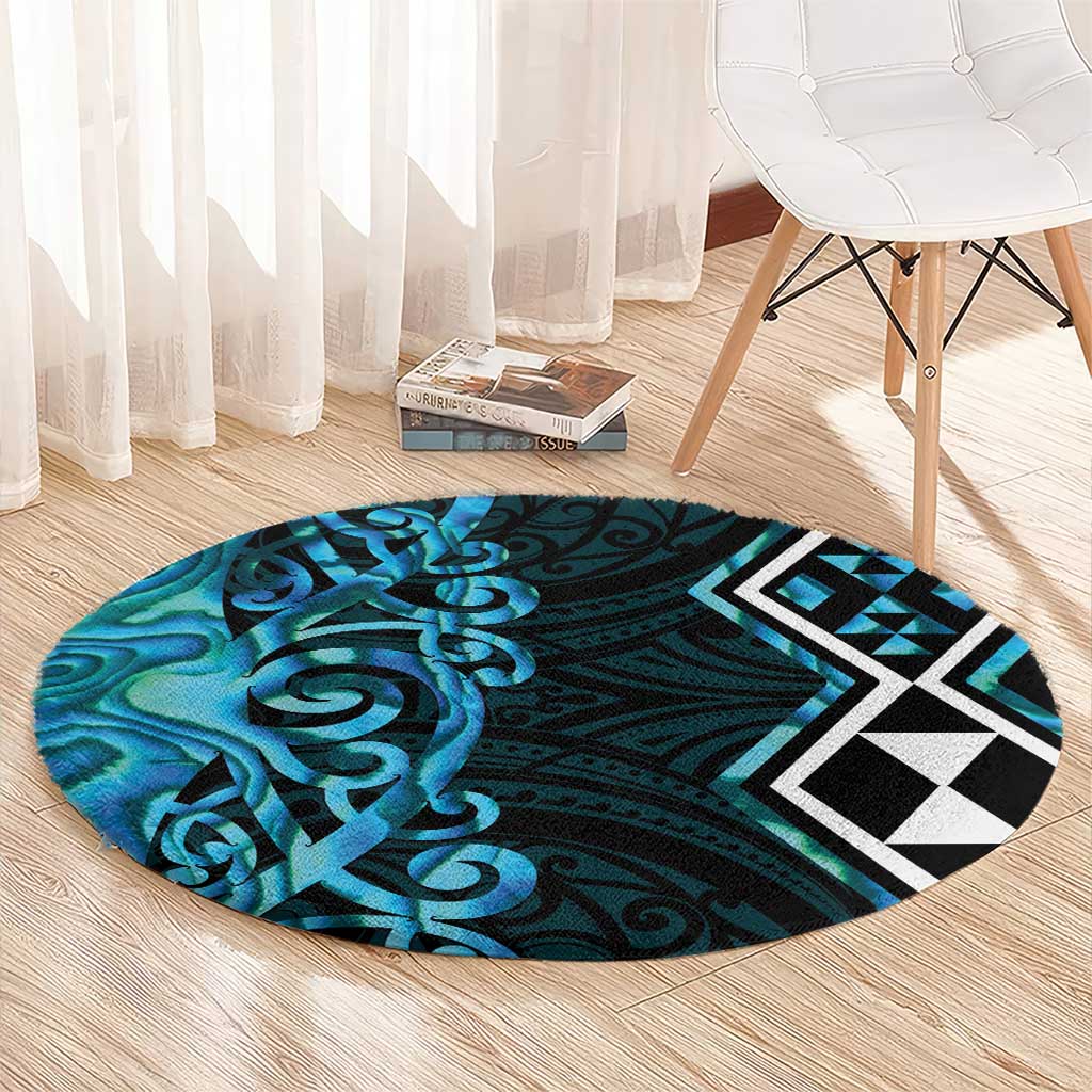 Turquoise Aotearoa Round Carpet Taniko Motifs With Paua Shell Kowhaiwhai