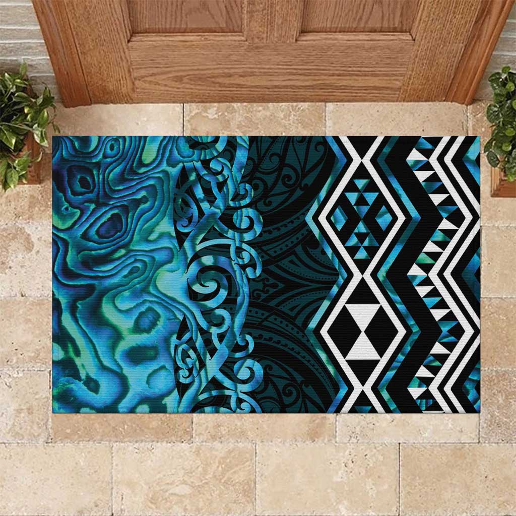 Turquoise Aotearoa Rubber Doormat Taniko Motifs With Paua Shell Kowhaiwhai LT14 Turquoise - Polynesian Pride