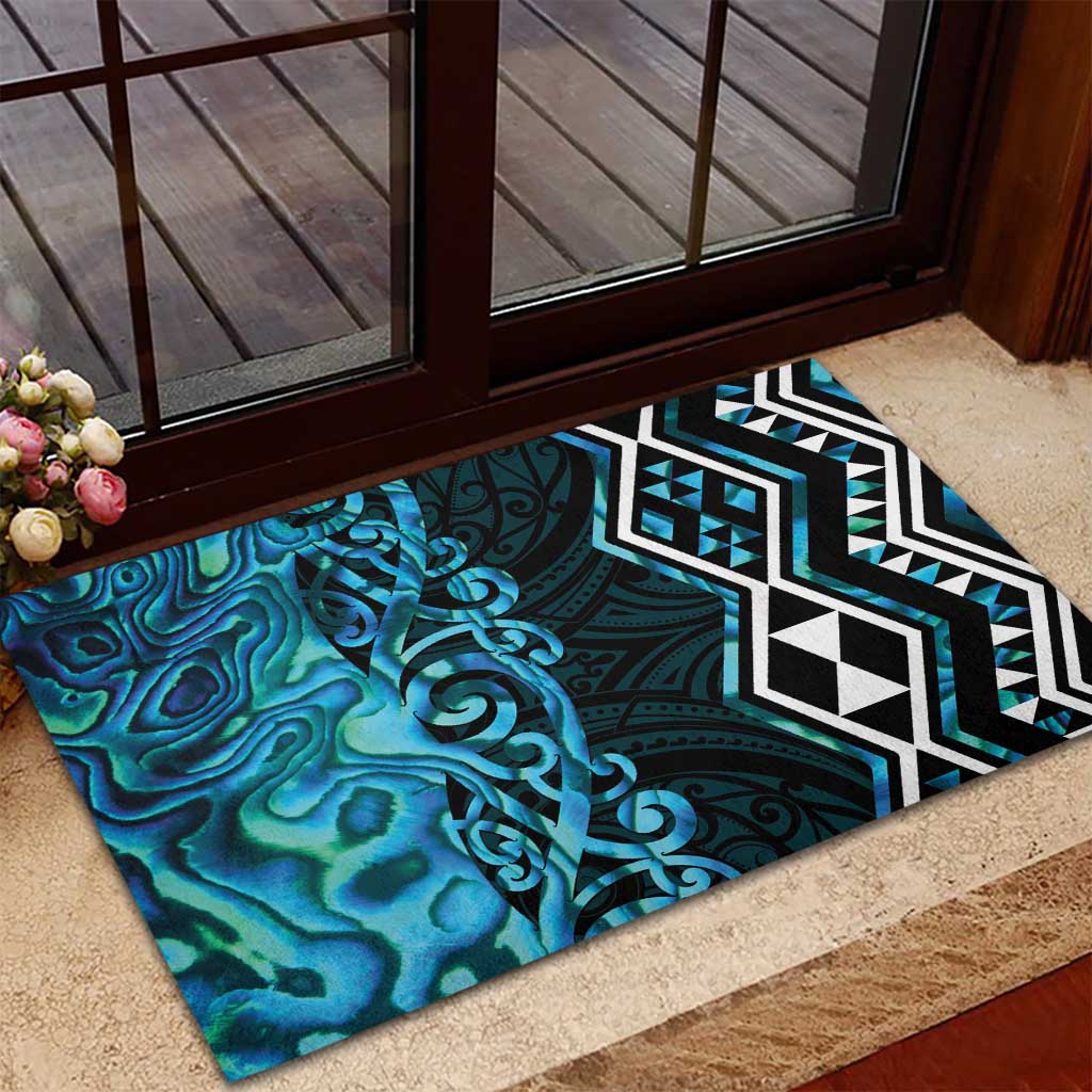 Turquoise Aotearoa Rubber Doormat Taniko Motifs With Paua Shell Kowhaiwhai LT14 - Polynesian Pride