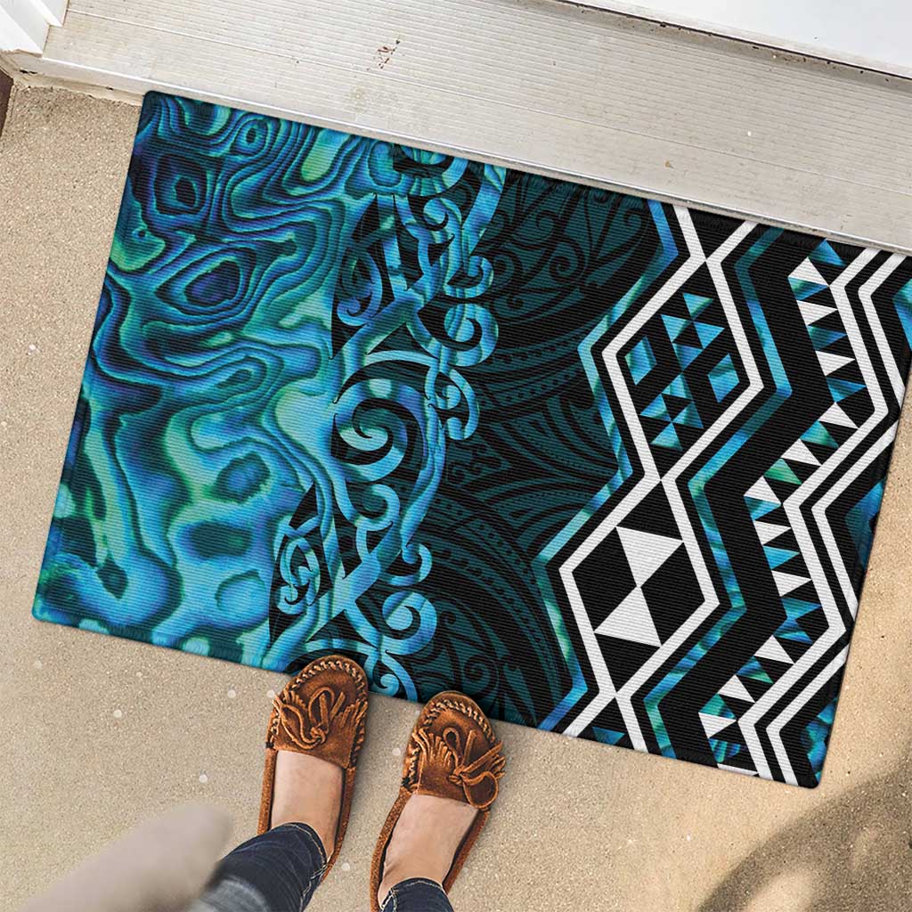 Turquoise Aotearoa Rubber Doormat Taniko Motifs With Paua Shell Kowhaiwhai LT14 - Polynesian Pride