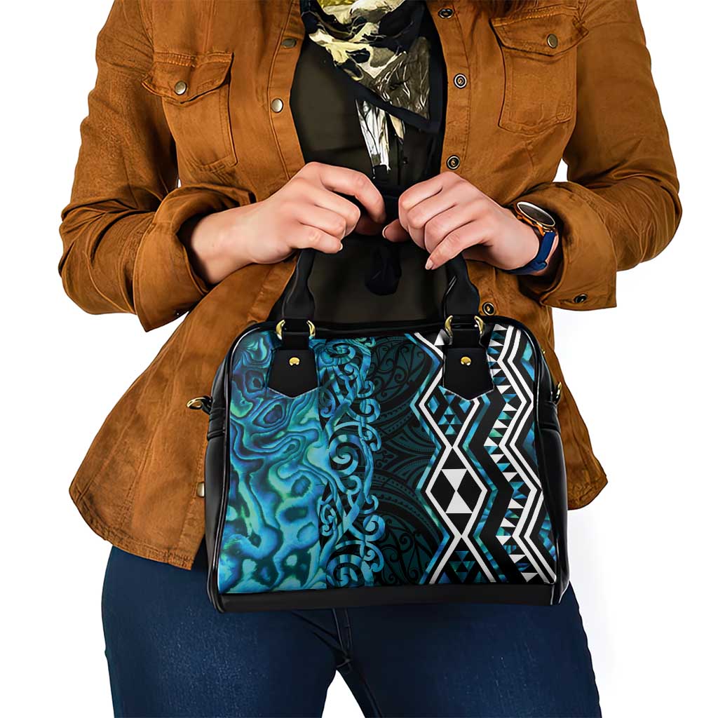 Turquoise Aotearoa Shoulder Handbag Taniko Motifs With Paua Shell Kowhaiwhai