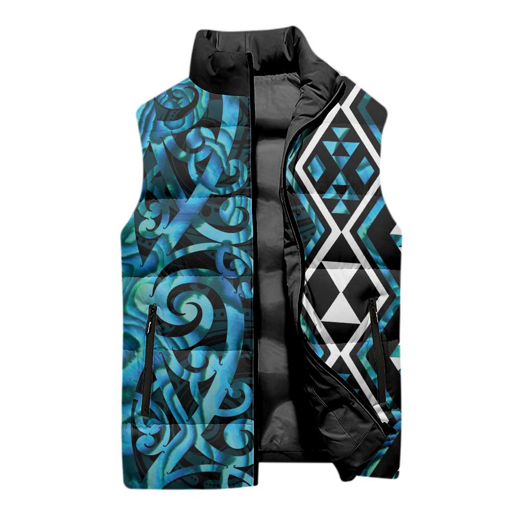 Turquoise Aotearoa Sleeveless Puffer Jacket Taniko Motifs With Paua Shell Kowhaiwhai - Polynesian Pride