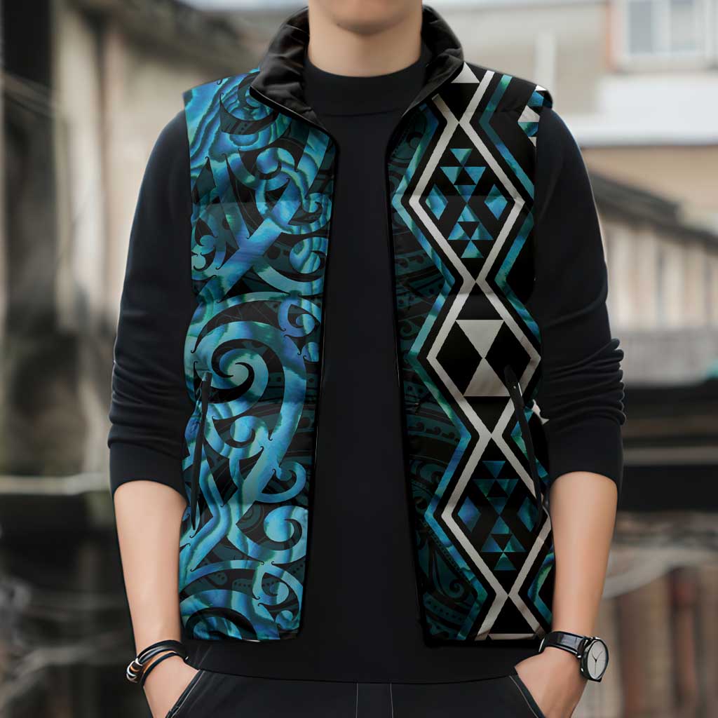 Turquoise Aotearoa Sleeveless Puffer Jacket Taniko Motifs With Paua Shell Kowhaiwhai - Polynesian Pride