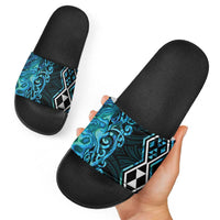 Turquoise Aotearoa Slide Sandals Taniko Motifs With Paua Shell Kowhaiwhai - Polynesian Pride